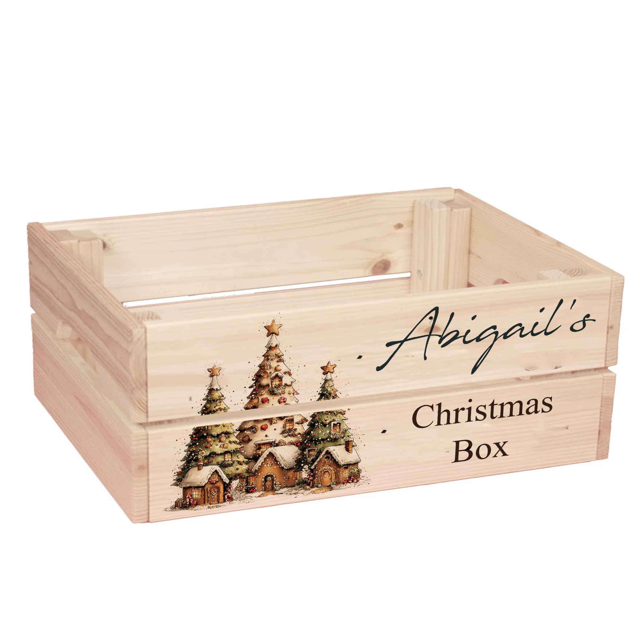 ukgiftstoreonline Personalised Christmas Eve Box with Santa, Trees, Reindeer, Snowman Designs, Wooden Storage Crate, 30.5 x 25 x 12 cm, Holiday Presentation Box with Side Handles (Tree Set 4) โ image 1