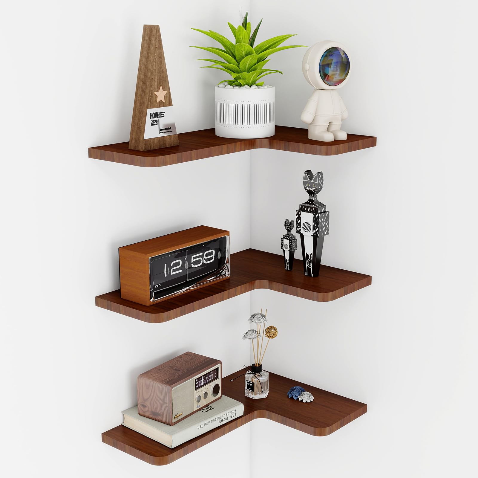 Etagere Angle Flottantes Lot de 3, Imperméable, Anti-Moisissure, Tablette Bois Murale Etagere Rangement en Bois Rustique pour Salon Chambre Bureau Salle de Bains, Cuisine