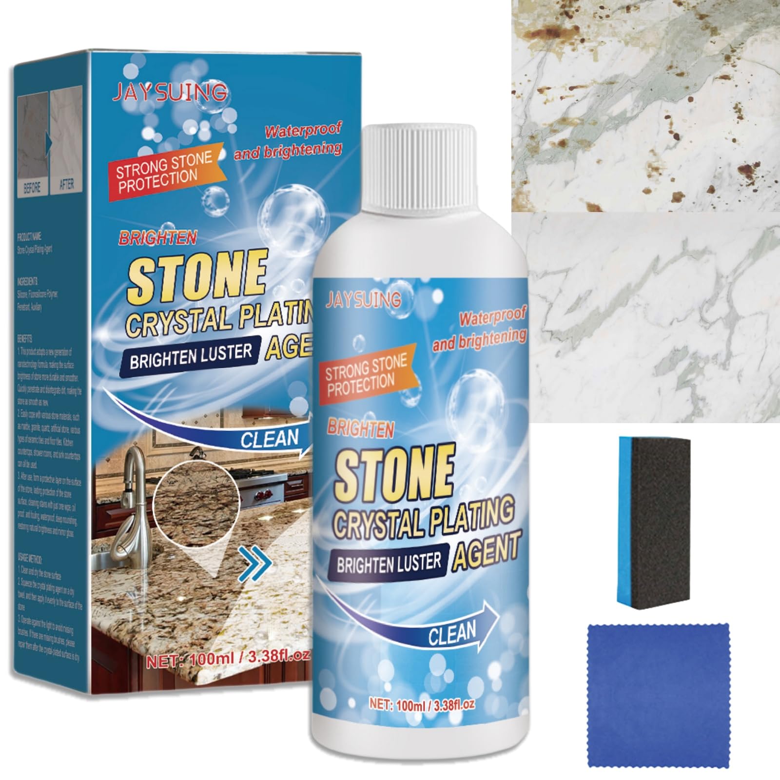 Stone Stain Remover Cleaner,Granite Worktop Cleaner,Marble Stone Cleaner Polishes,Natural Stone Cleaner,Stone Crystal Plating Agent,Quartz Worktop Cleaner,Kitchen Tile Cleaner with Sponge and Towel