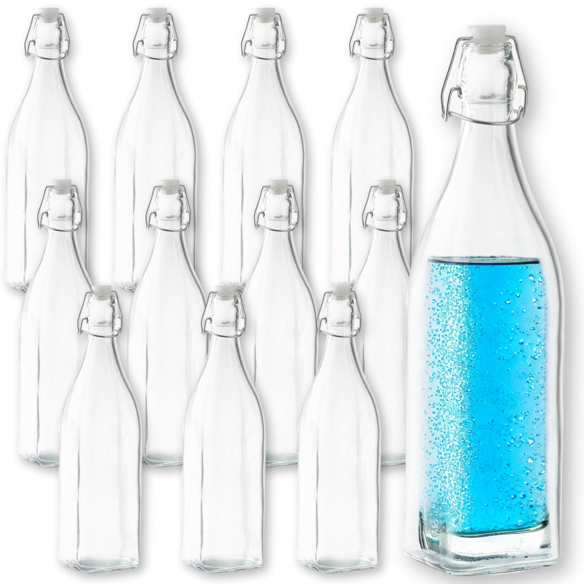 Tablecraft Clear Glass Stopper Bottles, Resealable Airtight Swing Cap Tops, Suited for Water, Beer, Wine, Kombucha Brewing, Lemonade, Restaurant and Foodservice Beverage Service, 34 Ounces, Set of 12