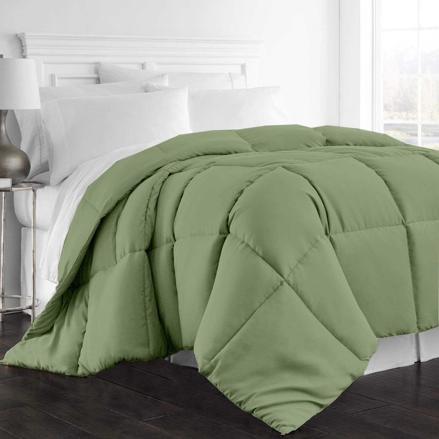 All Season Down Alternative Box Pleated Comforter, 1000-TC Oversize King Size Luxury Comforter 1-PC Hypoallergenic 100% Egyptian Cotton Comforter Hotel Quality Soft 600 GSM, Moss Solid (98"x108")