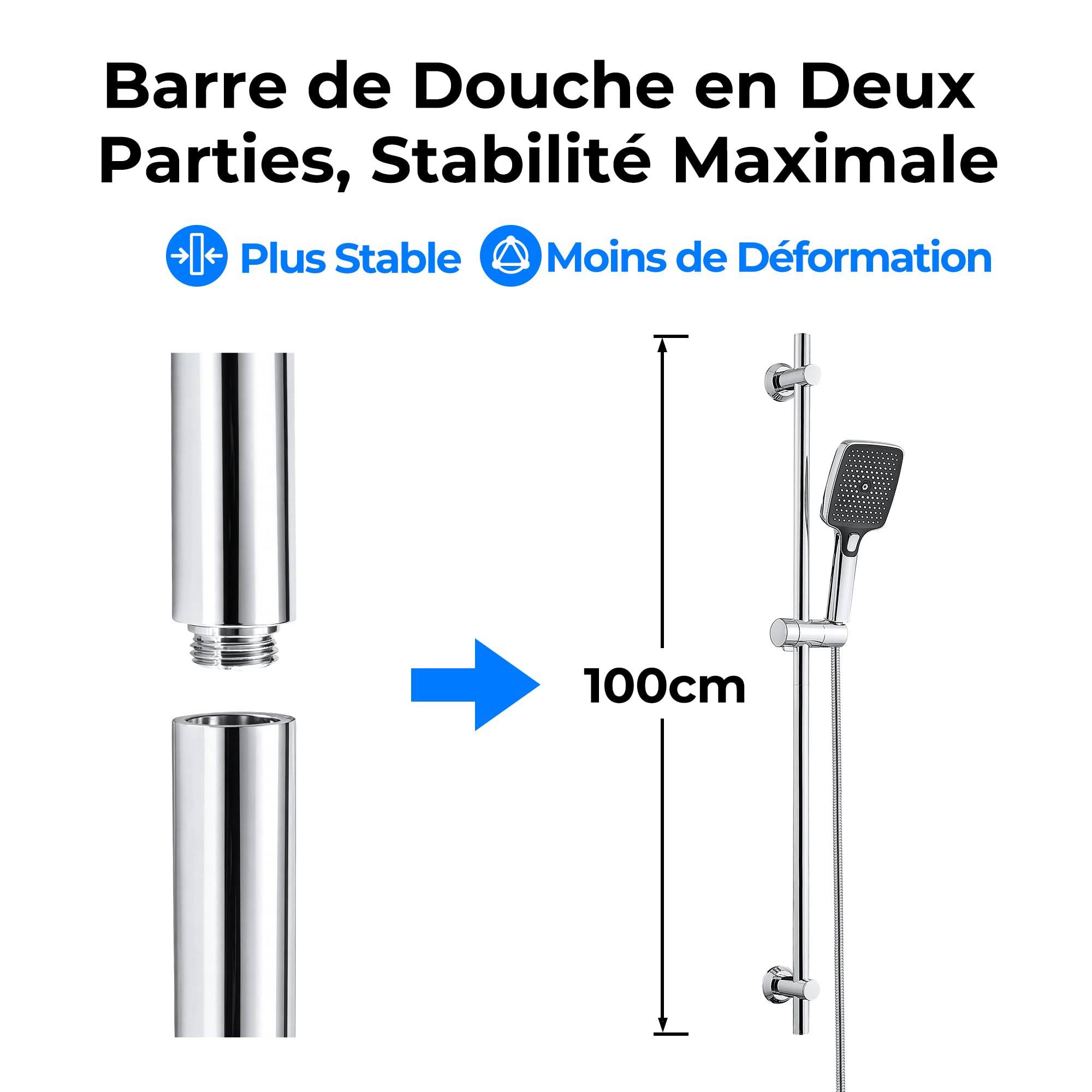 Görbach Barre de douche en acier inoxydable 100 cm avec support de douchette réglable, supports muraux compatibles avec trous de existants, compatible avec douchette à main standard, chromé