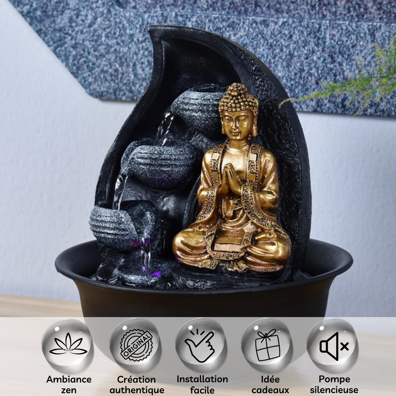 Zen Light Praya - Fuente para Interior con Bomba e iluminación LED,en Resina, Color Dorado