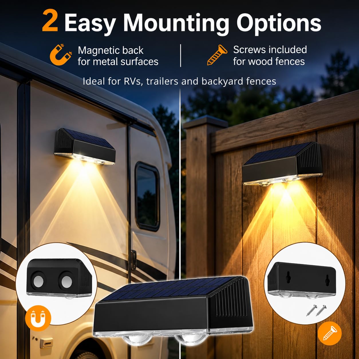 auvstar Lampada Solare da Esterno di 8 Pezzi,Luci Solari Esterno Energia Bianco Caldo Illuminazione per Esterni,Applique da Solare IP65 Fissaggio Magnetico Vite per Giardino Camper Roulotte Terrazza