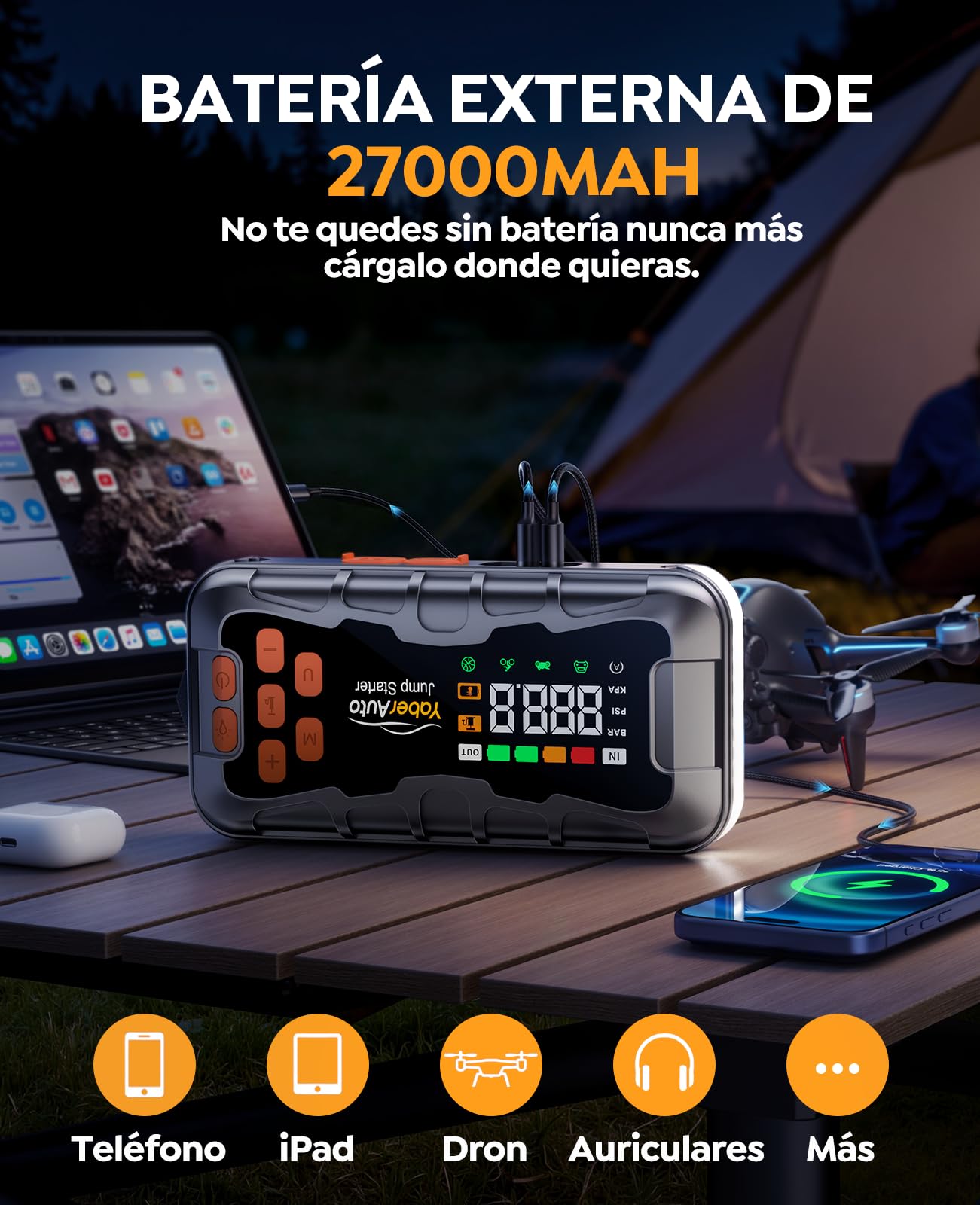 Arrancador de Bateria de Coche 8000A, 16-en-1 YaberAuto Arrancador de Coche Portatil (Todo Gas/Diésel 14L) con Compresor de Aire 160PSI, Kit de Emergencia Multifunción con Guantes Aislantes