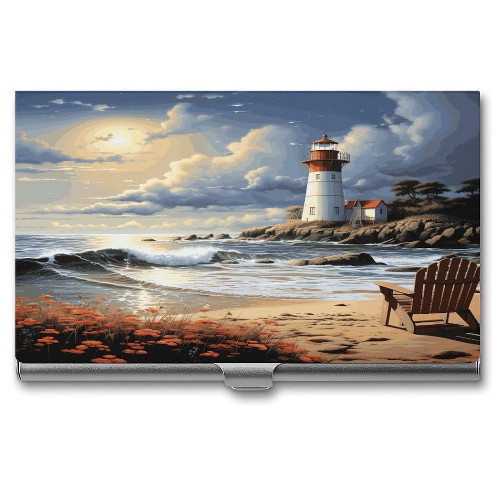 LDGSUPH Sea Lighthouse Sandbeach Business Card Holder Fashion Slim Name Card Holder Minimalist Design Case Metal Card Carrier Personalized Business Card Case with Flip for Men Women