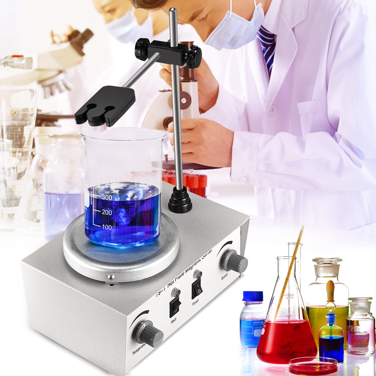 Mezclador De Control Dual De Calentamiento De Laboratorio, Máquina Mezcladora De Laboratorio De Agitador Magnético De Calentamiento, Agitador Magnético De Placa Caliente De 250W 1000ml, 0-2400RPM