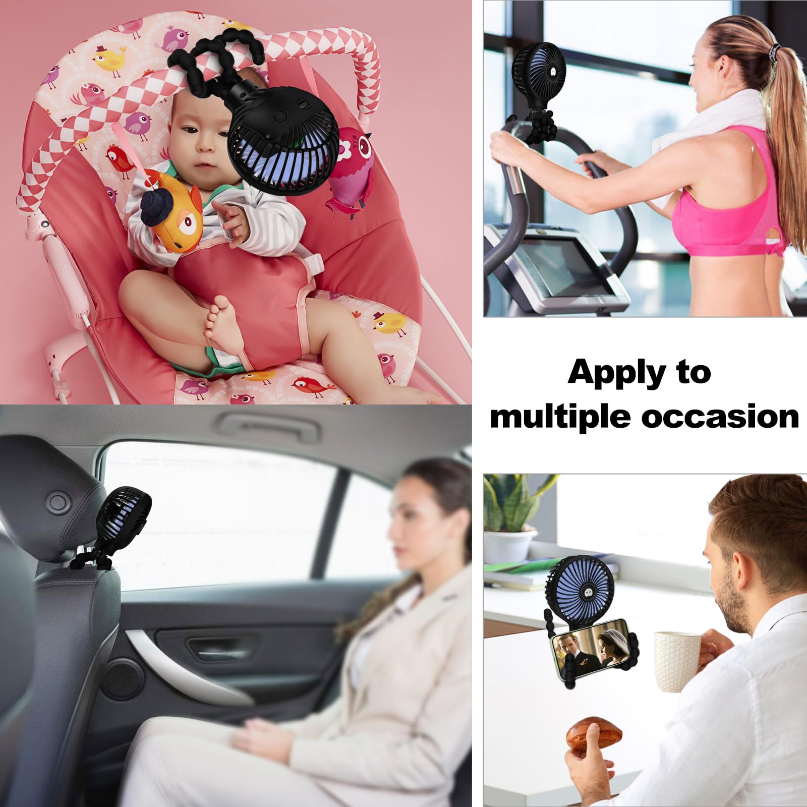 TRELC Mini ventilatore per passeggino, durata della batteria ultra lunga 19H, portatile, ricaricabile, con clip, con treppiede flessibile, regalo per bambini, ufficio, camera, auto, viaggi, barbecue