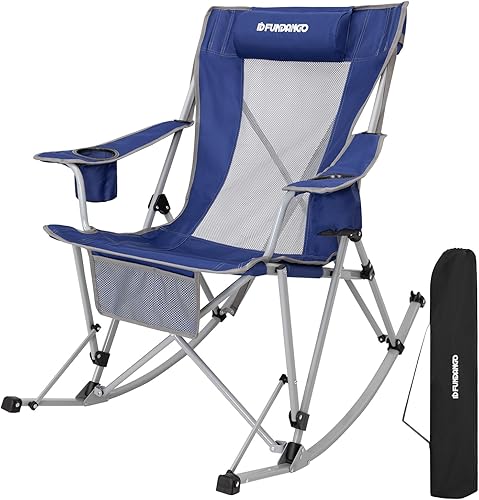 Miniatura 9 de FUNDANGO Silla mecedora de camping de gran tamaño para adultos, sillas de césped plegables portátiles para exteriores con almohadas, reposabrazos