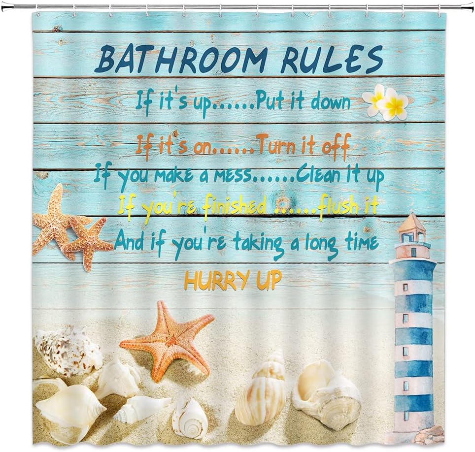 Beach Shower Curtain Nautical Lighthouse Sand Starfish Shell Sea Life Rustic Barn Door Underwater Ocean World Polyester Fabric Bathroom Decor Hanging Curtains Set with Hooks 84Wx70H Inch