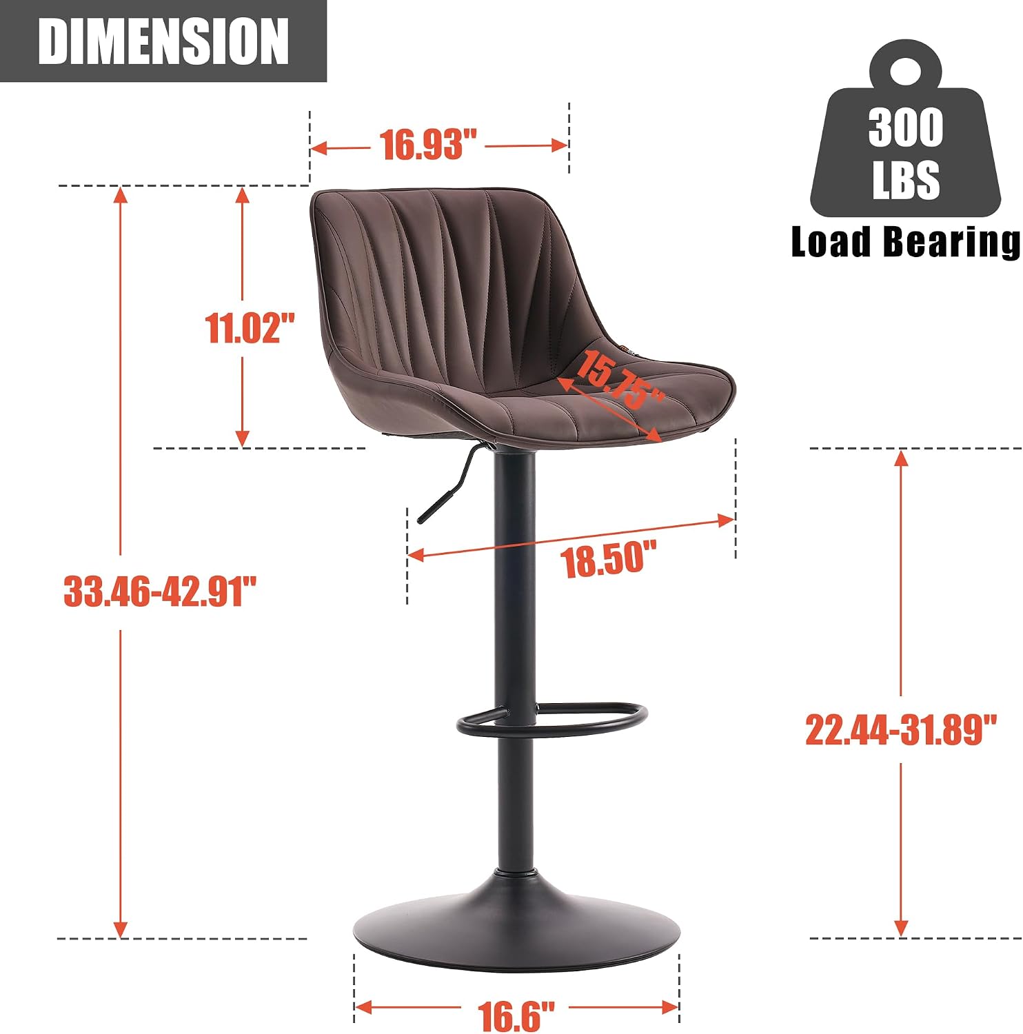 Rowill Bar Stools Set of 4 Brown Adjustable Swivel Counter Height Barstools PU Leather Pub Chairs Upholstered Modern Kitchen Island Stools with Back Footrest