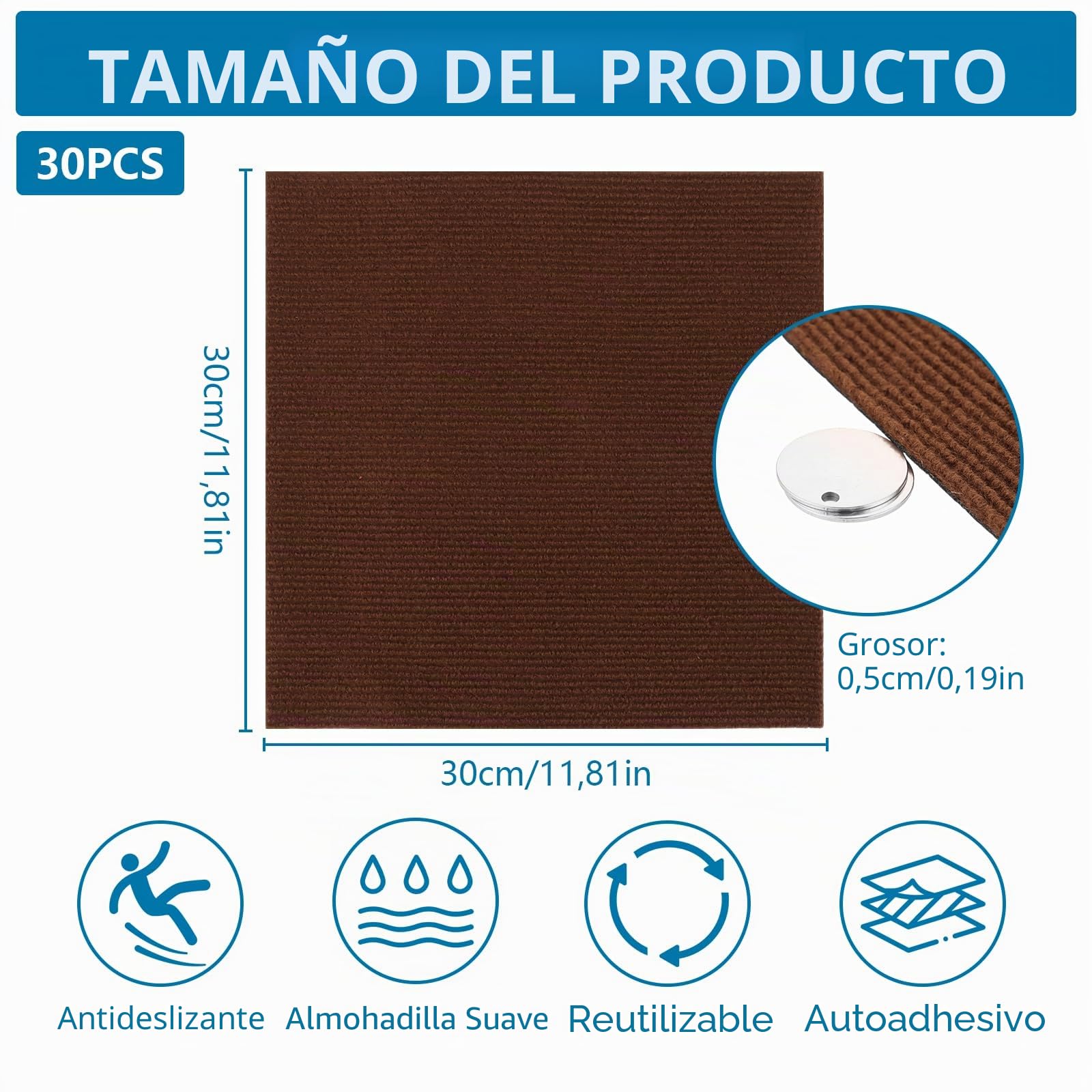30 azulejos para moqueta, 30 x 30 cm, autoadhesivos, para oficina, salón, balcón (marrón)