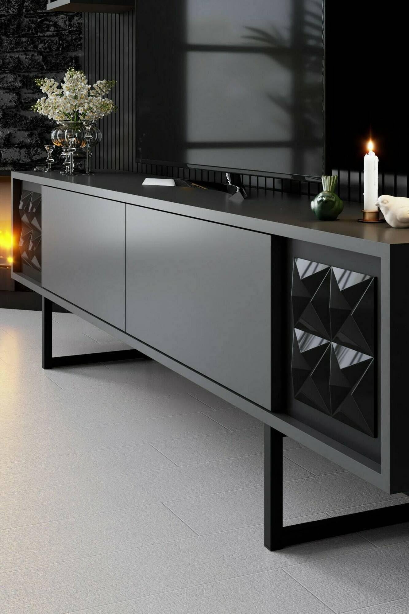 Dmora - Mobile porta TV Kaus, Credenza da soggiorno, Armadio basso per TV, Base parete attrezzata, 180x30h48 cm, Antracite e Nero