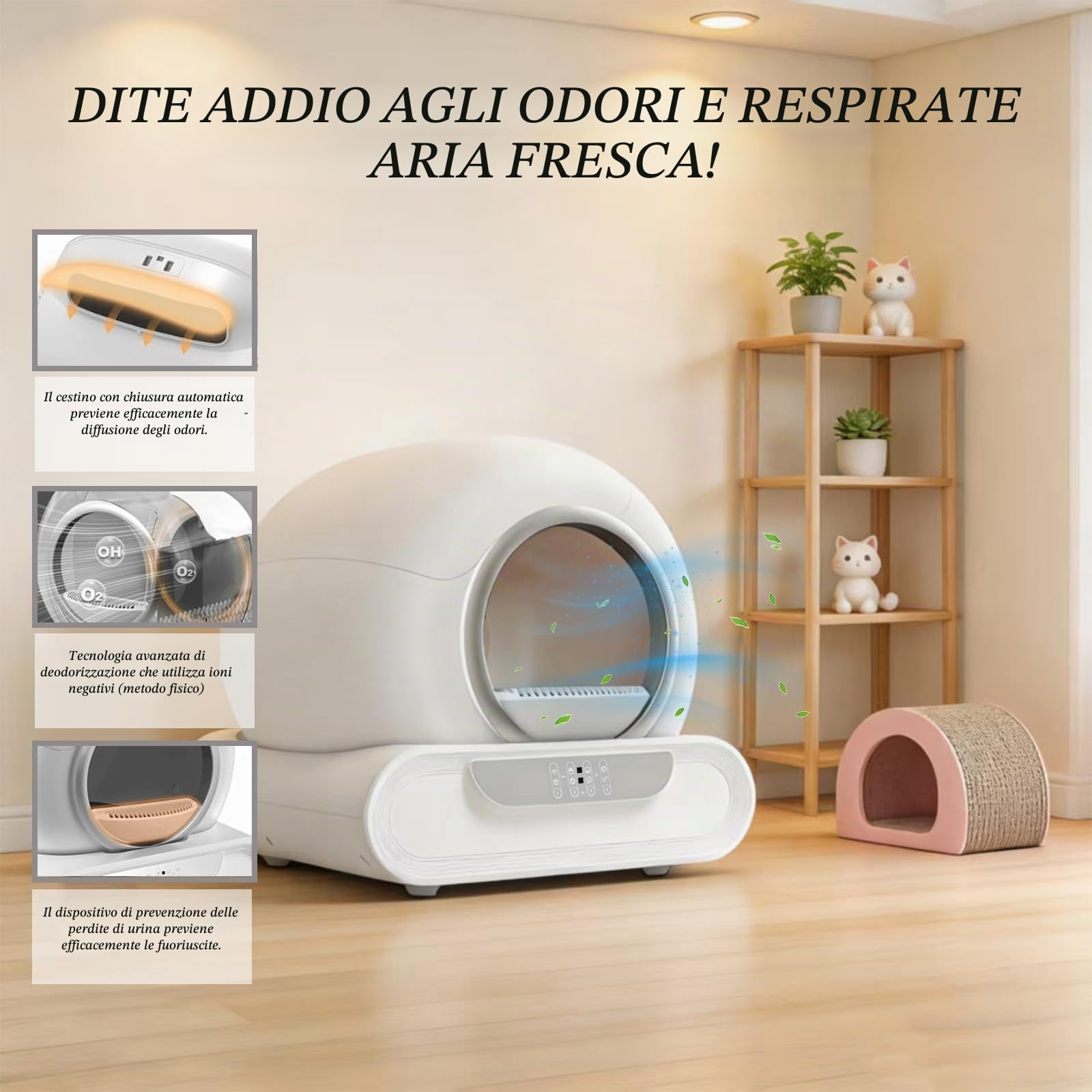 Lettiera Gatti Autopulente Wifi 74L Sensori di Sicurezza con App | 6 Sacchetti per Rifiuti 2 Filtri 1 Tappetino per Più Gatti