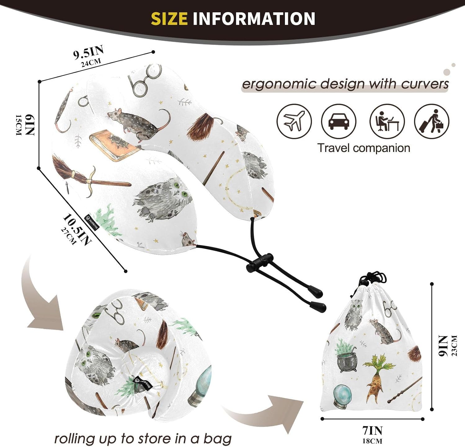 Travel Pillow for Neck Head, Owl Magicbook Elf Memory Foam Padding Sleeping Airplane Trains Cars Camping Office image 2
