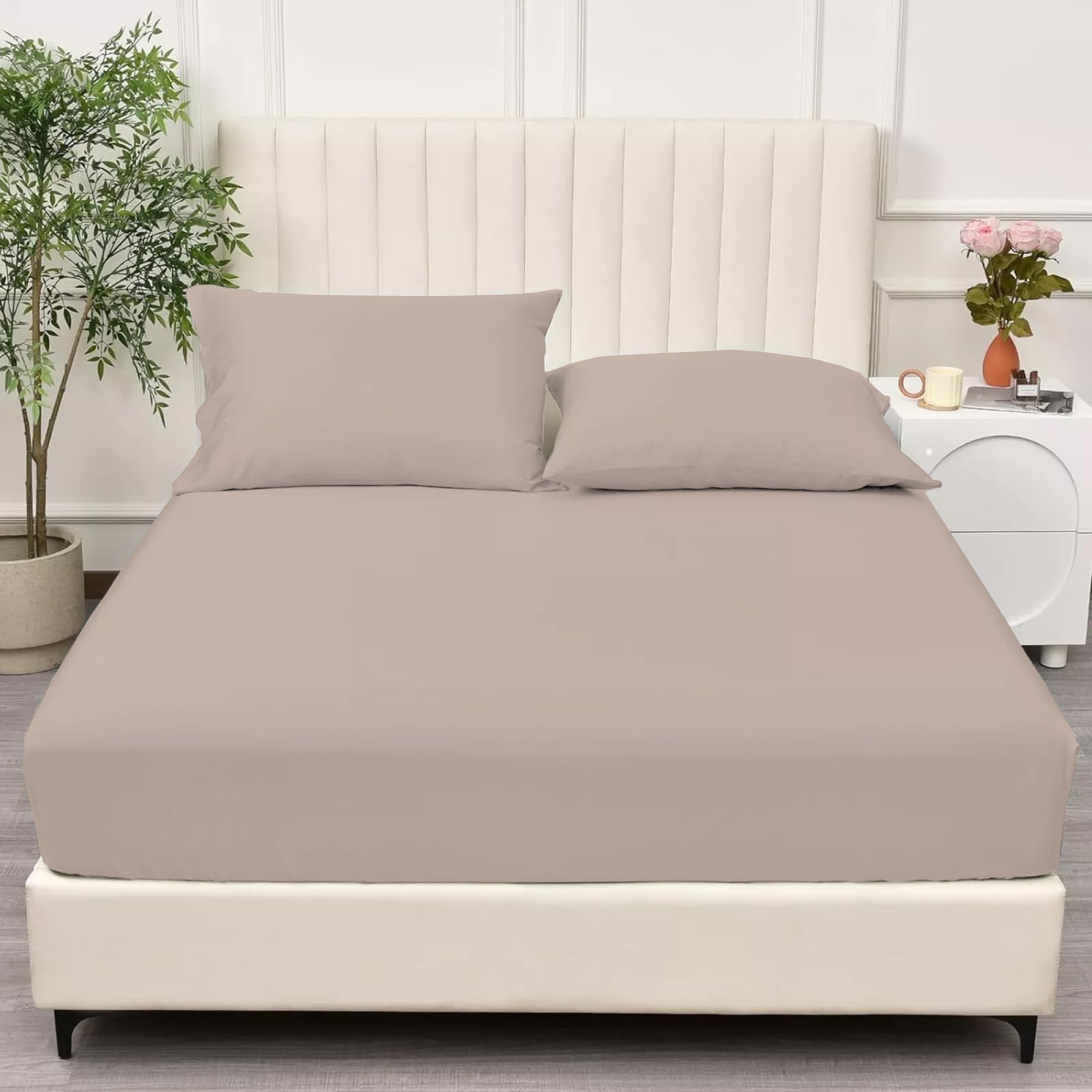 Tan Single Fitted Sheet Cotton, Fitted Sheet Single Bed, Single Mattress, Easy Care, Super Soft Cozy and Breathable Deep Fitted Bed Sheet (190cm X 90cm, Tan)