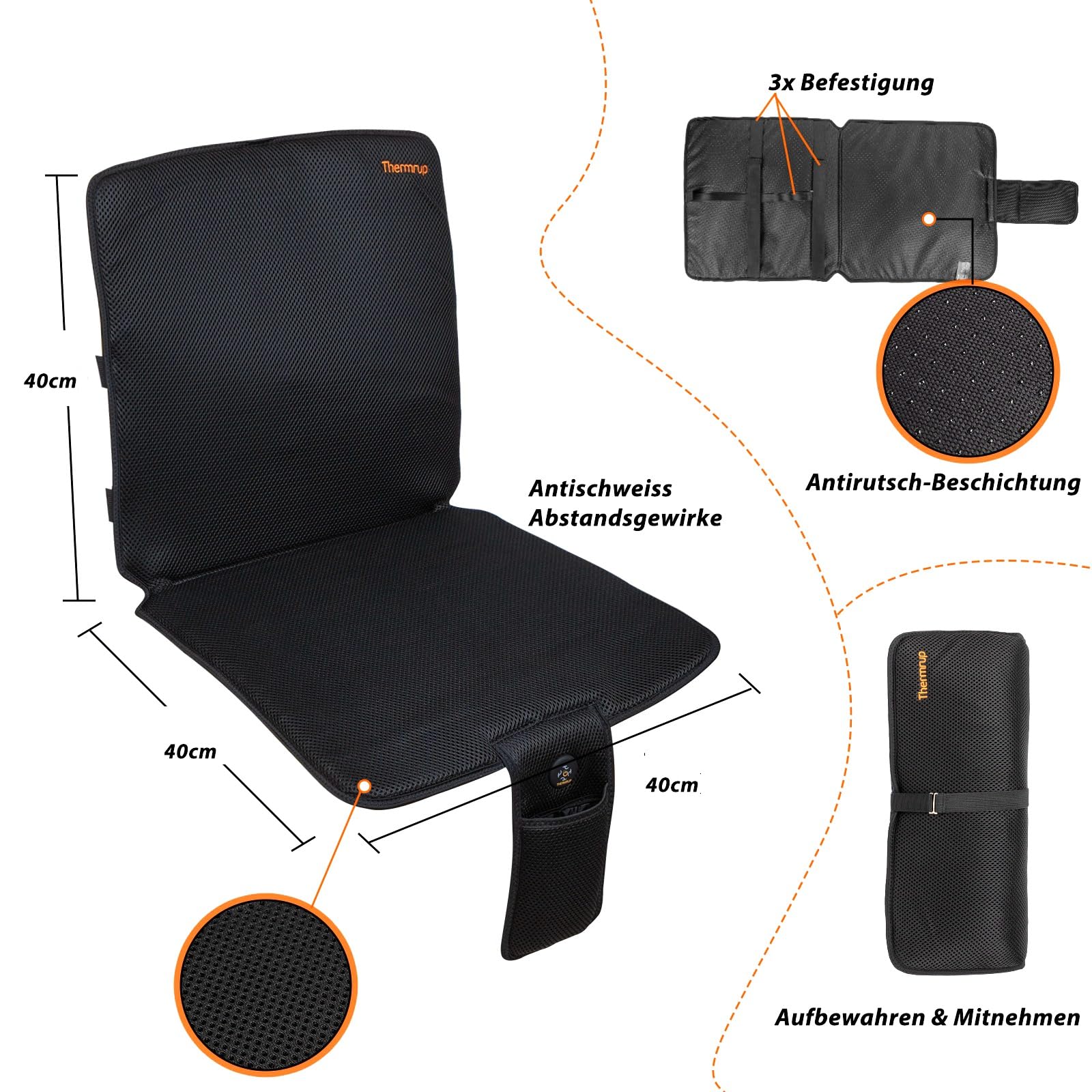 Thermrup Mobile Beheizbare Sitzauflage Ferninfrarot Heizkissen – Akku- & Netzbetrieb, 3 Heizstufen, Ideal für Ideal für Bürostuhl, Rollstuhl, Gartenstuhl, Campingstuhl