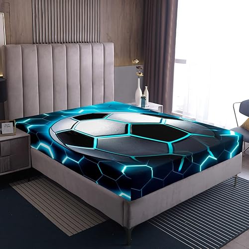 Miniatura 4 de Erosebridal Sábanas de fútbol para niños, sábana bajera ajustable de fútbol individual, juego de ropa de cama de panal azul brillante moderno, funda
