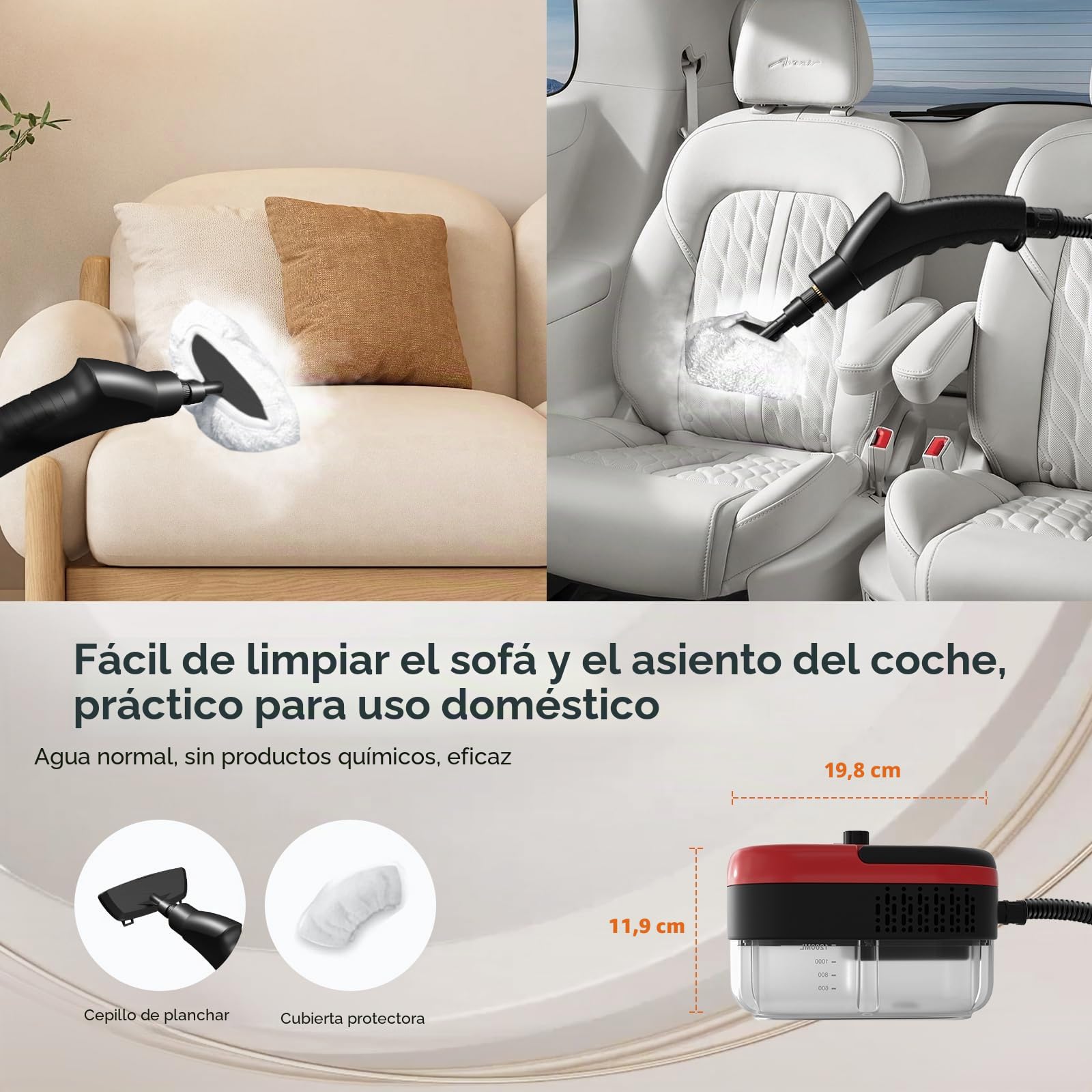 Limpiador a Vapor, Depósito de Agua de 1,2 L, Ajuste de 6 Niveles, Rojo | Calentamiento en 15s, Vaporeta Limpieza Hogar con 15 Accesorios, Vaporeta Portátil para Coche, Ventanas, Cocina, Baño