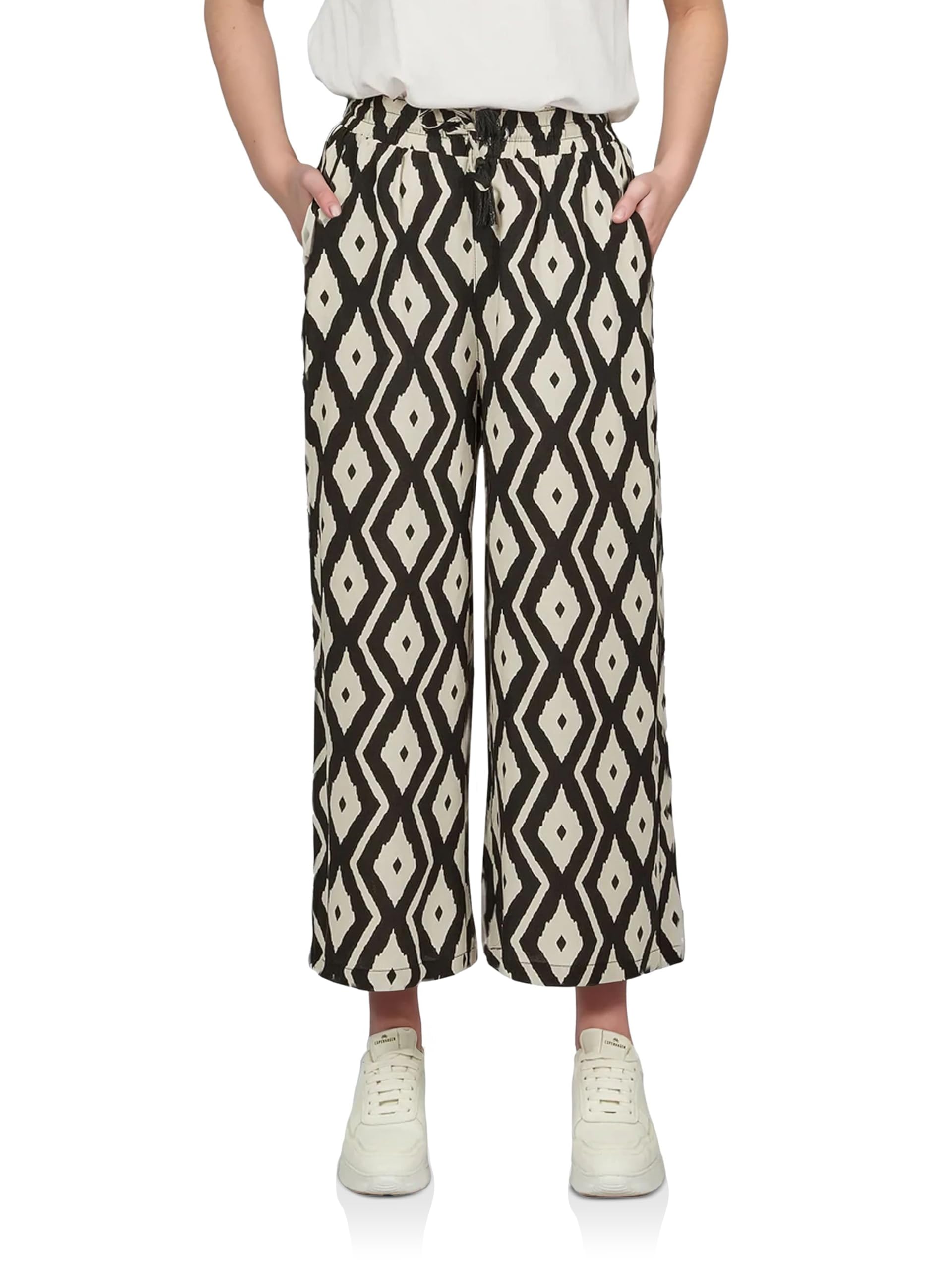 DENIMFY Palazzo Hose Damen Sommer 3/4 Loose Fit DFKate Weites Bein | Sommerhose leicht Stoffhose Knöchellang Elastische Taille Viskose Grün Weiß Beige Schwarz Navy S M L XL XXL