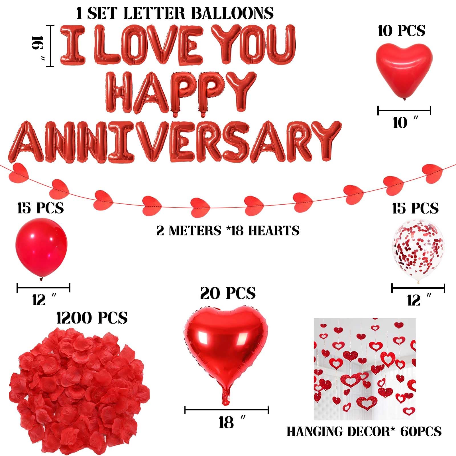 Red Happy Anniversary Decorations I LOVE YOU Letter Balloons - 1200pcs Red Artificial Rose Petals 16" Letter Balloons 18" Heart Foil Balloons Latex balloons heart balloons Hanging Swirls Heart Banner