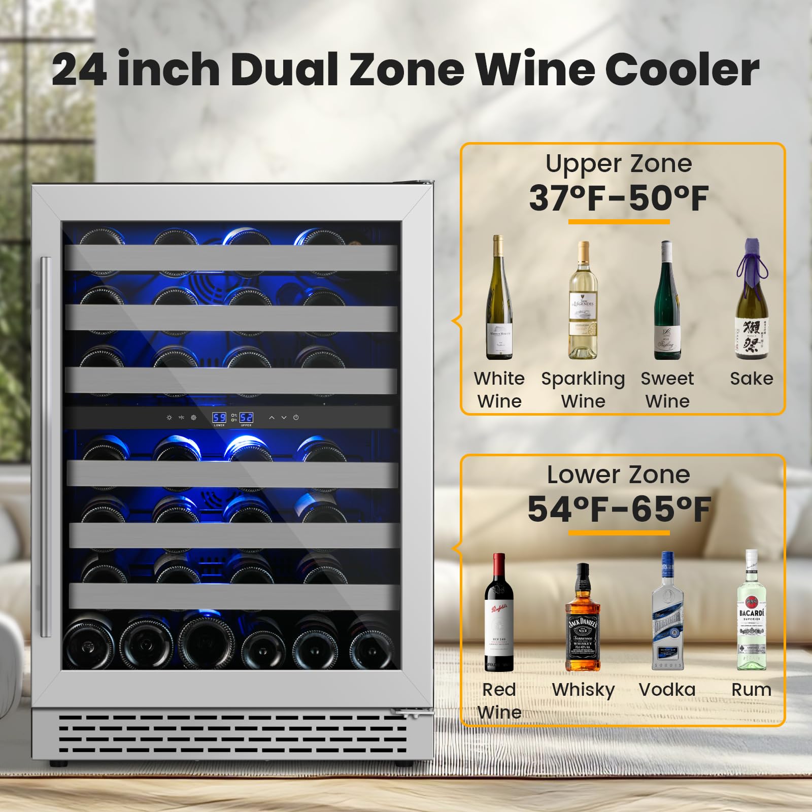 24 Inch Wine Cooler & Fridge Under Counter,54 Bottle Dual Zone Wine Cooler,New Upgrade Compressor,Blue Light Built-In/Freestanding,Reversible Stainless Steel Door Wine Fridge For Home/Kitchen on Fridge.com - View 2