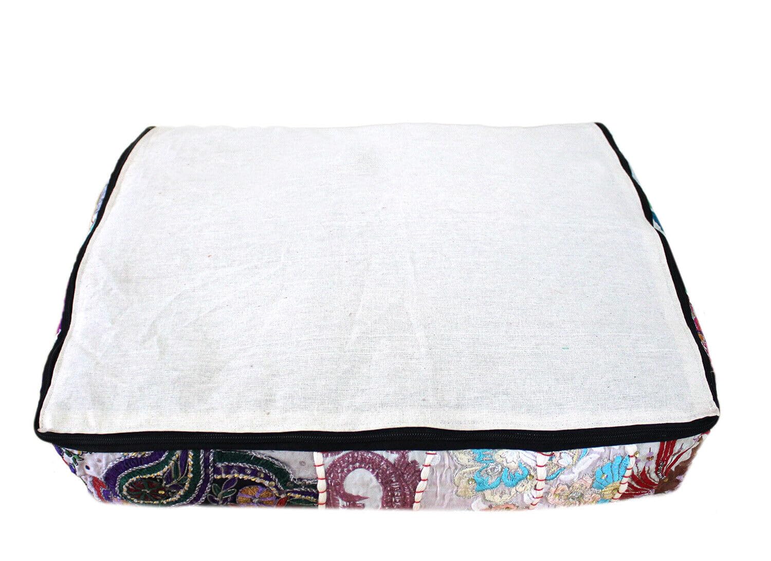 Alia Enterprises Indian Large Square Mandala Patchwork Cotton Floor Pillow Cushion Cover Meditation Boho Bohemian Cushion Pouf Cover - Cover ONLY (16x16x5 Inches, White)