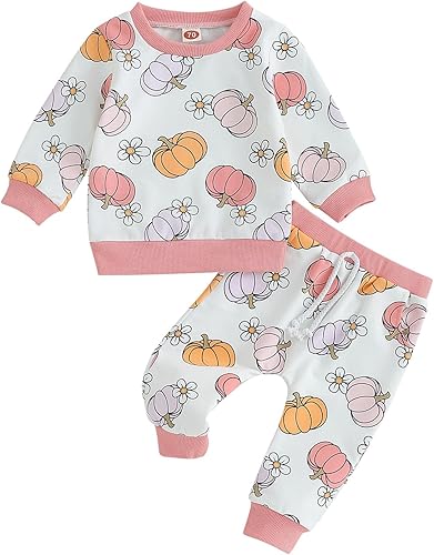 Ropa de bebé de Halloween, 2 piezas, linda sudadera de manga larga con estampado floral de calabaza, conjunto de sudadera y pantalones para niños y