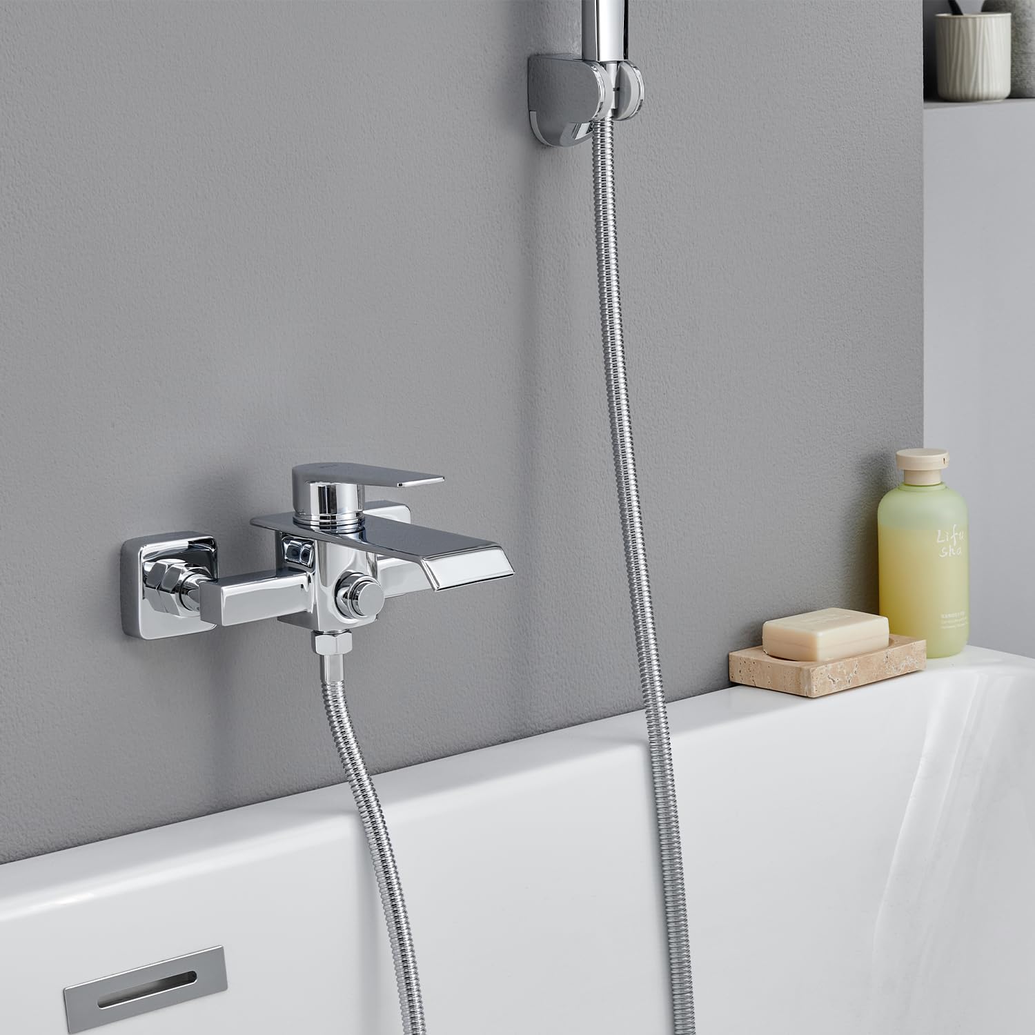 Rubinetto Vasca da Bagno, Miscelatore Vasca da Bagno a Cascata in Ottone, Rubinetto Doccia a Parete, Miscelatore Monocomando Esterno per 2 Utenze, Cromo Argento (G 1/2")
