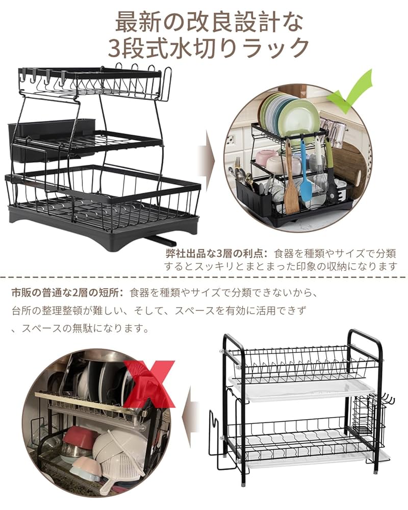 Amazon｜水切り ラック 食器 水切り カゴ 3段 大容量 収納
