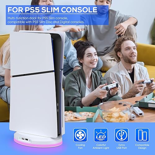 Vista 7 de FASTSNAIL Soporte vertical con ventilador de refrigeración solo para consola PS5 Slim, estación base RGB con 8 modos de luz y 2 puertos USB