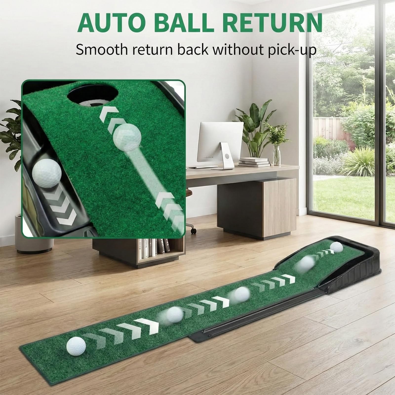 Tapis de golf vert d'intérieur avec retour automatique de balle et 3 trous, entraînement à domicile et aide à la pratique pour homme, tapis de golf adapté pour bureau, salle de loisirs, terrasse