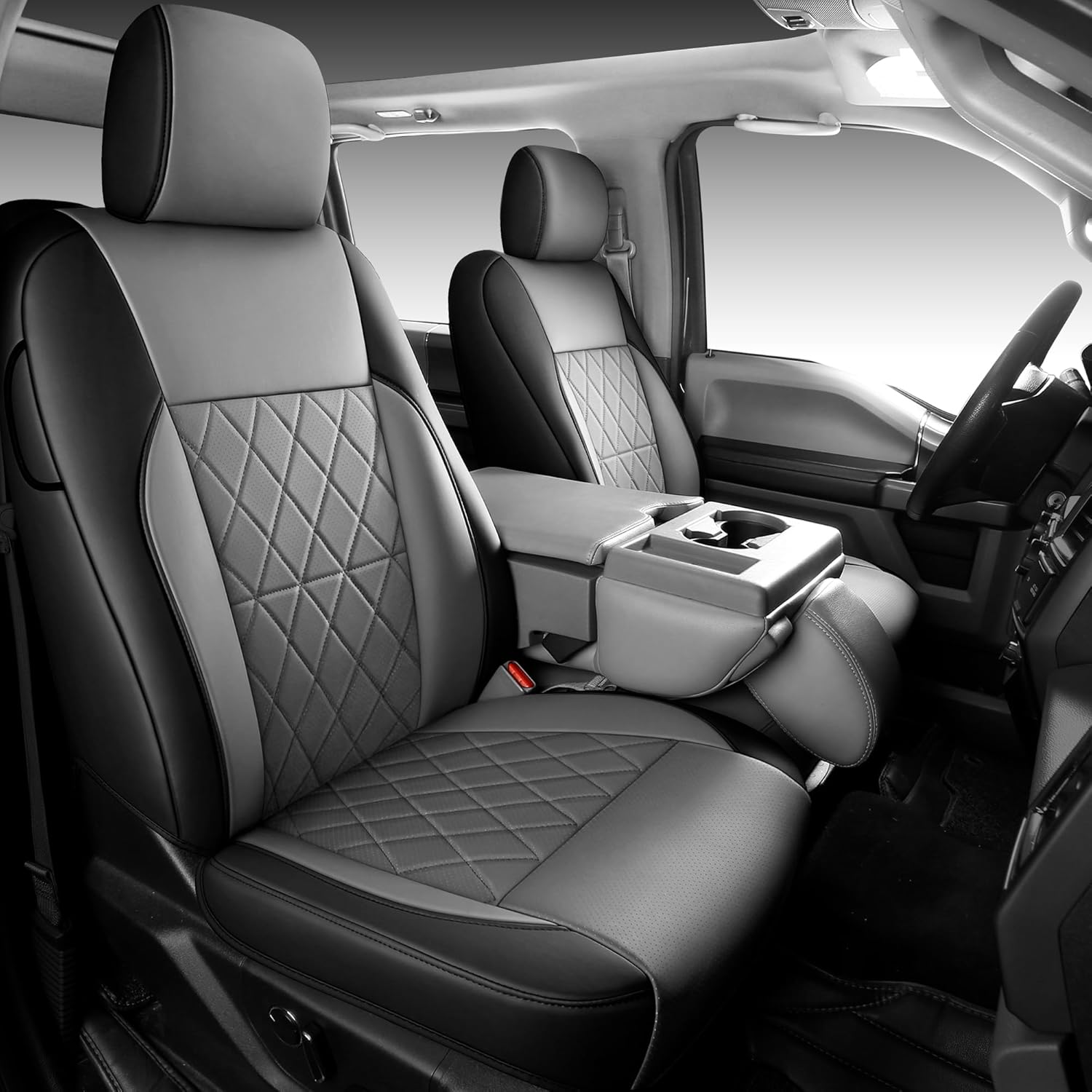F150 Seat Covers, Napa Leather, Custom fit 2015-2025 F150 XLT XL SuperCrew and 2017-2025 F250 F350 F450 XLT XL Super Duty Crew Cab(Full Set, Black&Gray) A(XLT, XL) Black&Gray