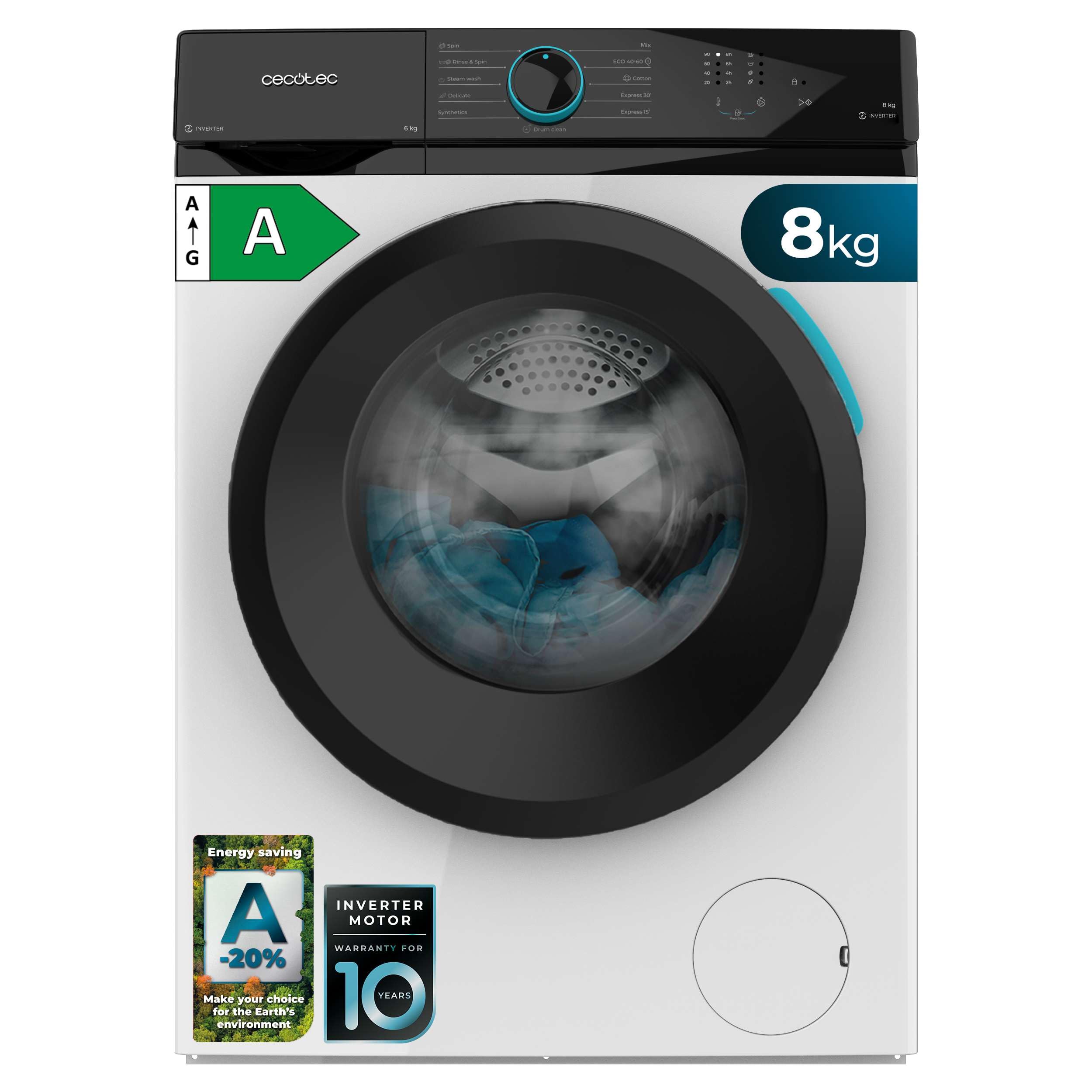 Cecotec Washing Machine 8 kg Front Load Bolero DressCode 8110 Inverter. 1200RPM, 11 Programs, Low Consumption, Inverter Plus Motor, Steam Max, Drum Clean, Quick Program 15', Delay Start and KidLock Energy Label