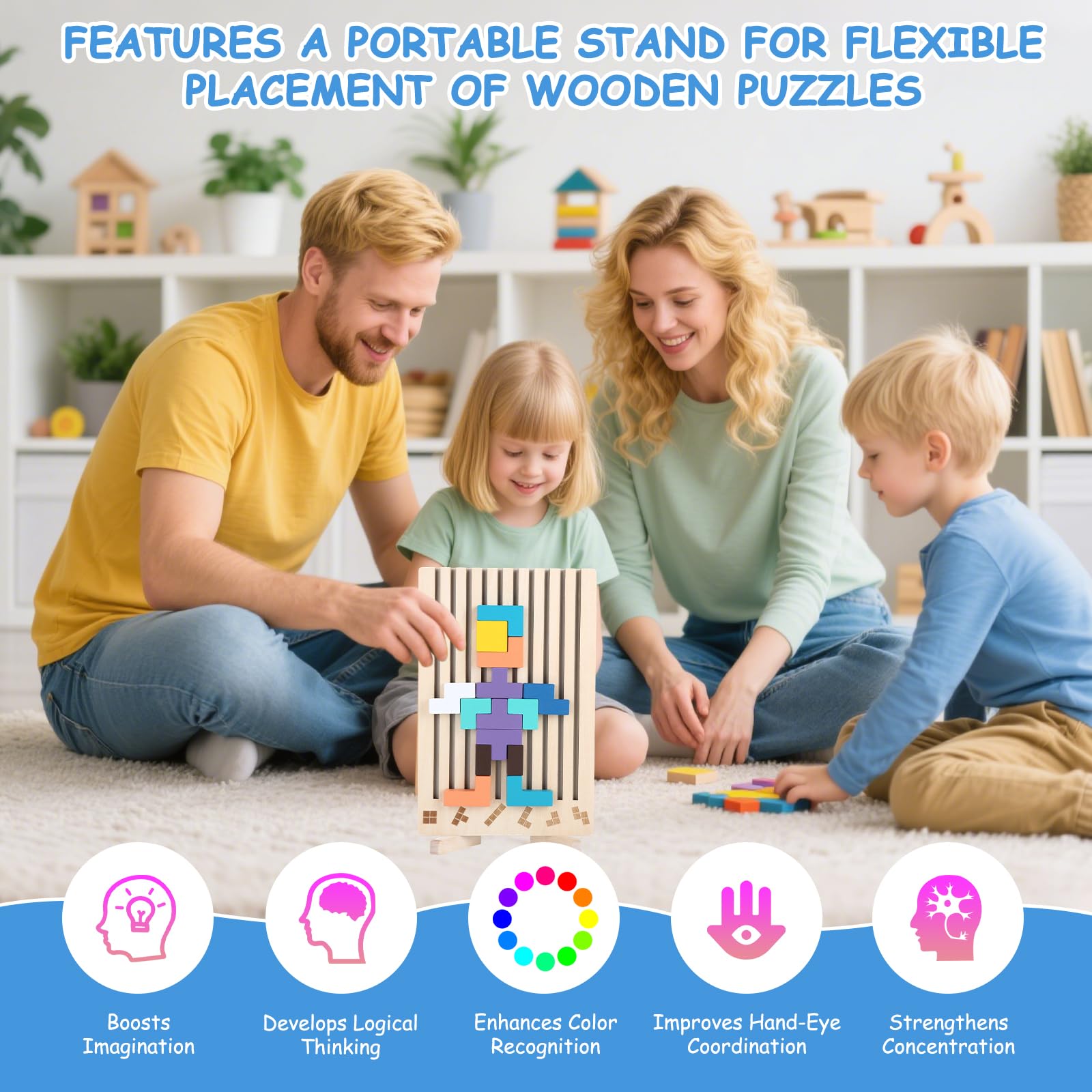 Drewniana gra Tetris, gry Montessori dla dzieci w wieku 3, 4, 5 i 6 lat, drewniane puzzle, drewniane puzzle 3D Montessori, drewniane puzzle z klockami do układania w stosy i 10 kartami, kolorowe