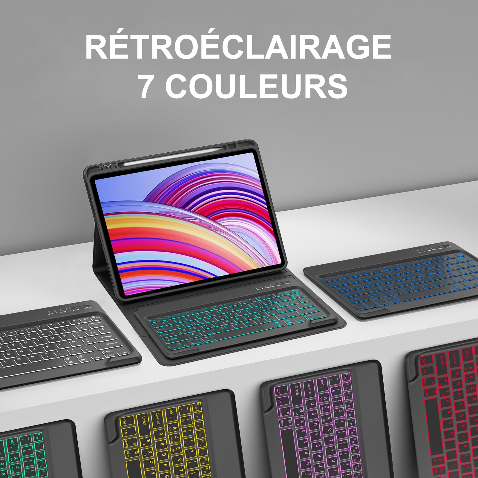 JADEMALL Coque Clavier pour Redmi Pad Pro 12.1" 2024/Xiaomi Poco Pad 12.1" | Étui Clavier AZERTY Français Rétroéclairé Détachable Magnétique Bluetooth pour Tablette Redmi Pad Pro 12.1 Pouces 2024, Noir