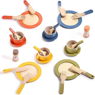 GAGAKU Wooden Dish Set for Kids,Play Dishes for Kids Kitchen, Wood Plates Set for Toddler, Montessori Wooden Kitchen Toys Accessories