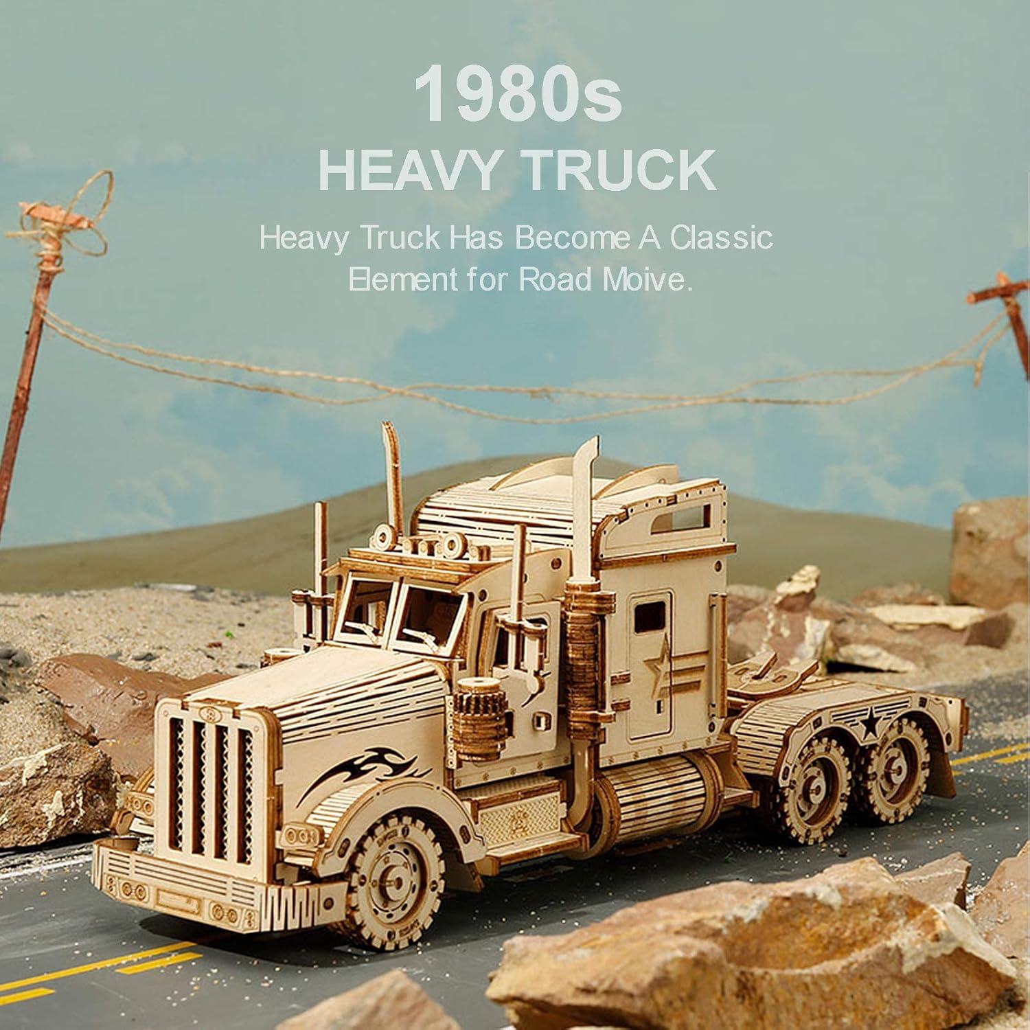 Taraf view of the assembled ROBOTIME 1:40 Scale Heavy Truck 3D Wooden Puzzle.