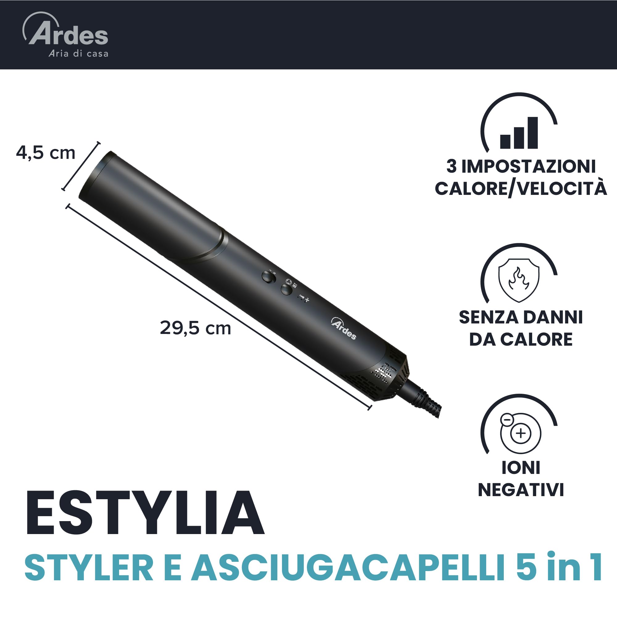 ARDES ESTYLIA ARPHON03 5-in-1 Styler und Haartrockner, 110.000 U,min Digitalmotor, mit automatischem Lockenstab rechts und links, Coanda-Technologie, Glättungsbürste, Konzentrator und Diffusor