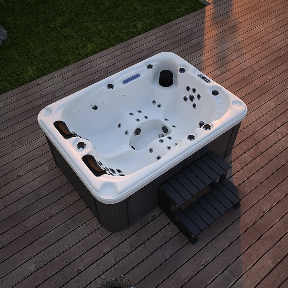 Home Deluxe - Outdoor Whirlpool - Beach Plus Treppe und Thermoabdeckung - Maße: 210 x 155 x 83 cm - Inkl. Heizung, 51 Massagedüsen und 24 Lichtquellen I Außen Whirlpool für 3 Personen