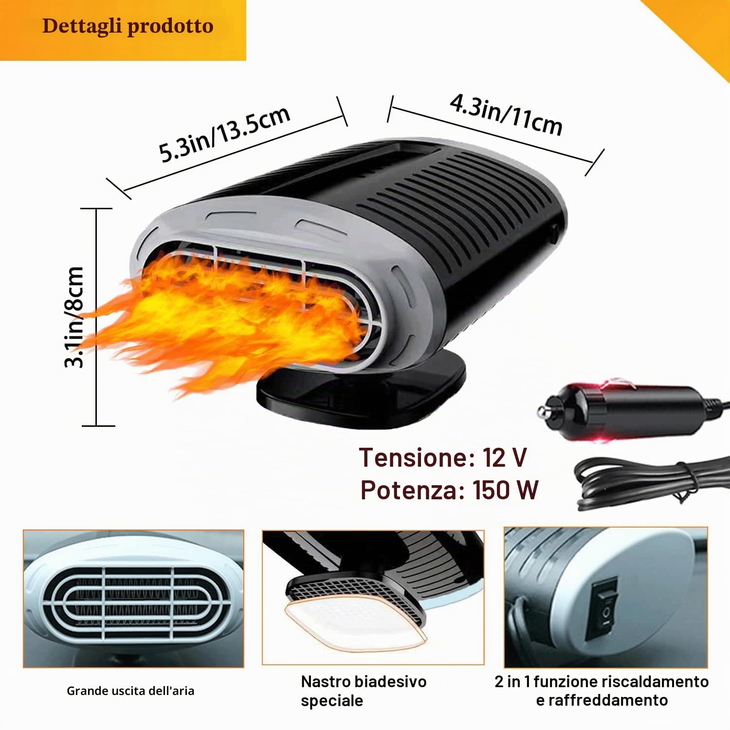 Riscaldatore per auto, portatile, 12 V, 150 W, riscaldamento e sbrinatore con rotazione a 360°, 2 in 1, riscaldamento e disappannamento auto, con funzione di riscaldamento e climatizzazione, con presa