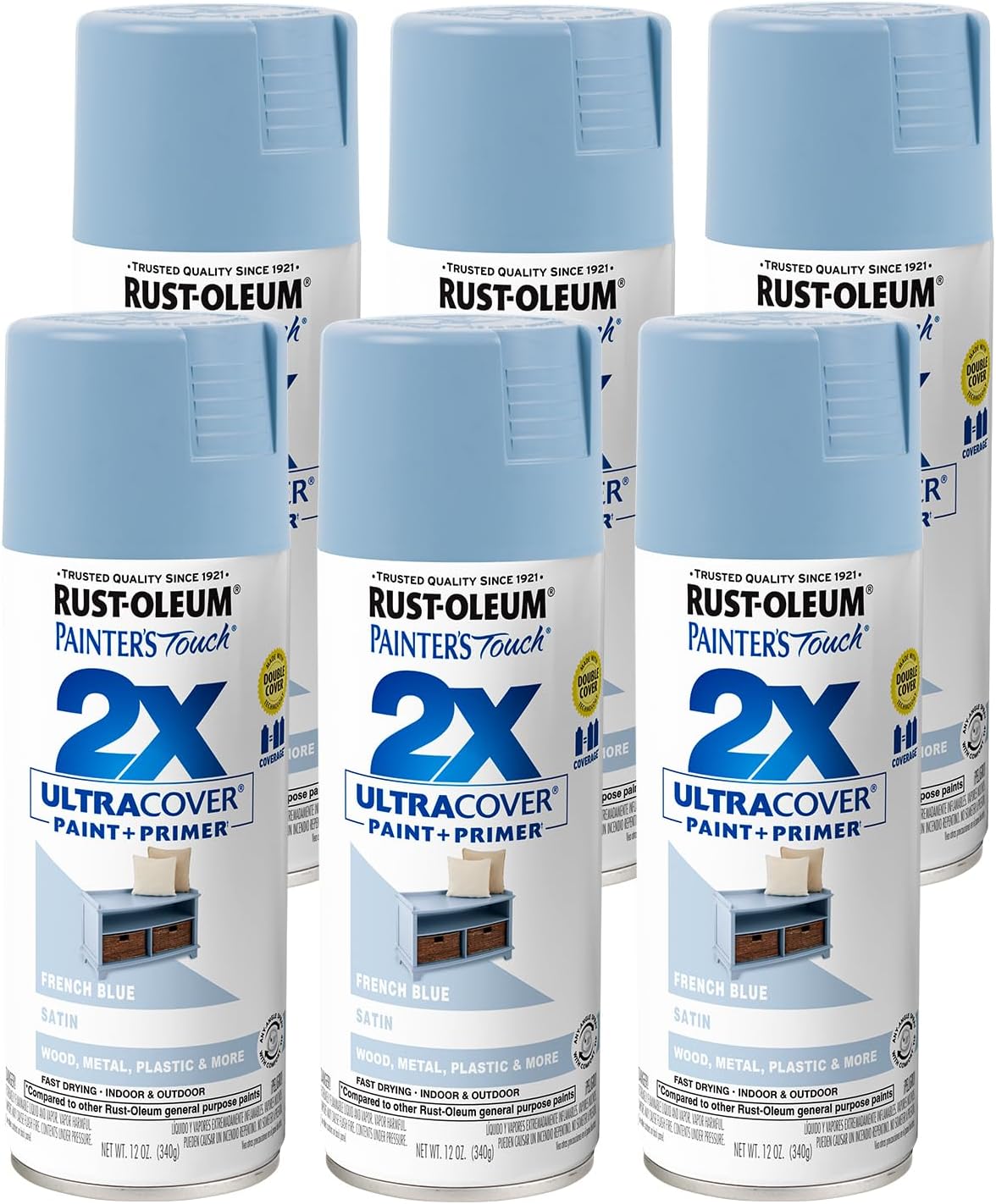 Rust-Oleum 334088-6PK Painter's Touch 2X Ultra Cover Spray Paint, 12 oz, Satin French Blue, 6 Pack