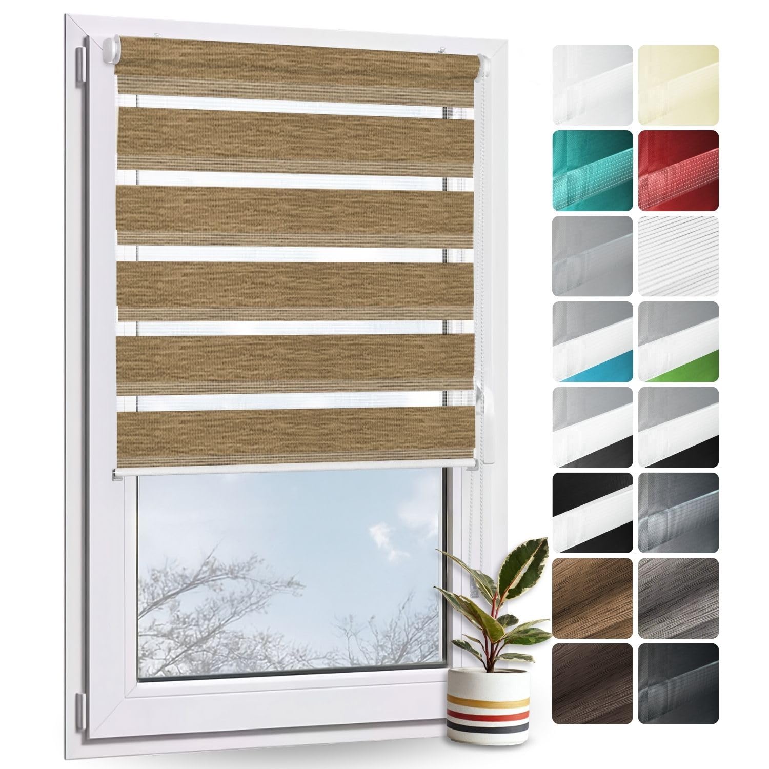 Rollmayer Doppelrollo Klemmfix ohne Bohren Klemmrollo Fensterrollo (Holzlook Gold 120 x 130 cm BxH) Duo Rollo Sonnenschutzrollo Zebrarollo Seitenzugrollo für Fenster und Tür