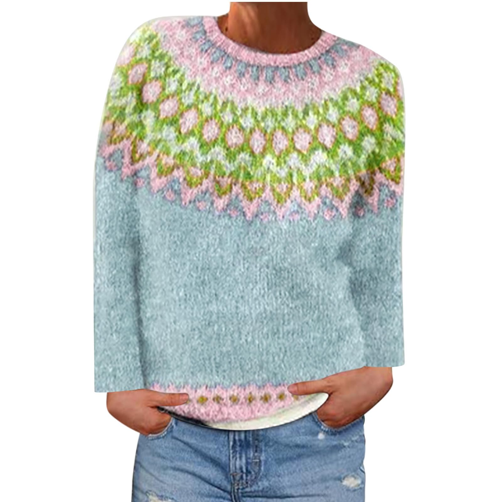 Womens Fair Isle Sweaters Vintage Long Sleeve Knitted Cashmere Pullover Casual Winter Fall Loose Crewneck Sweater