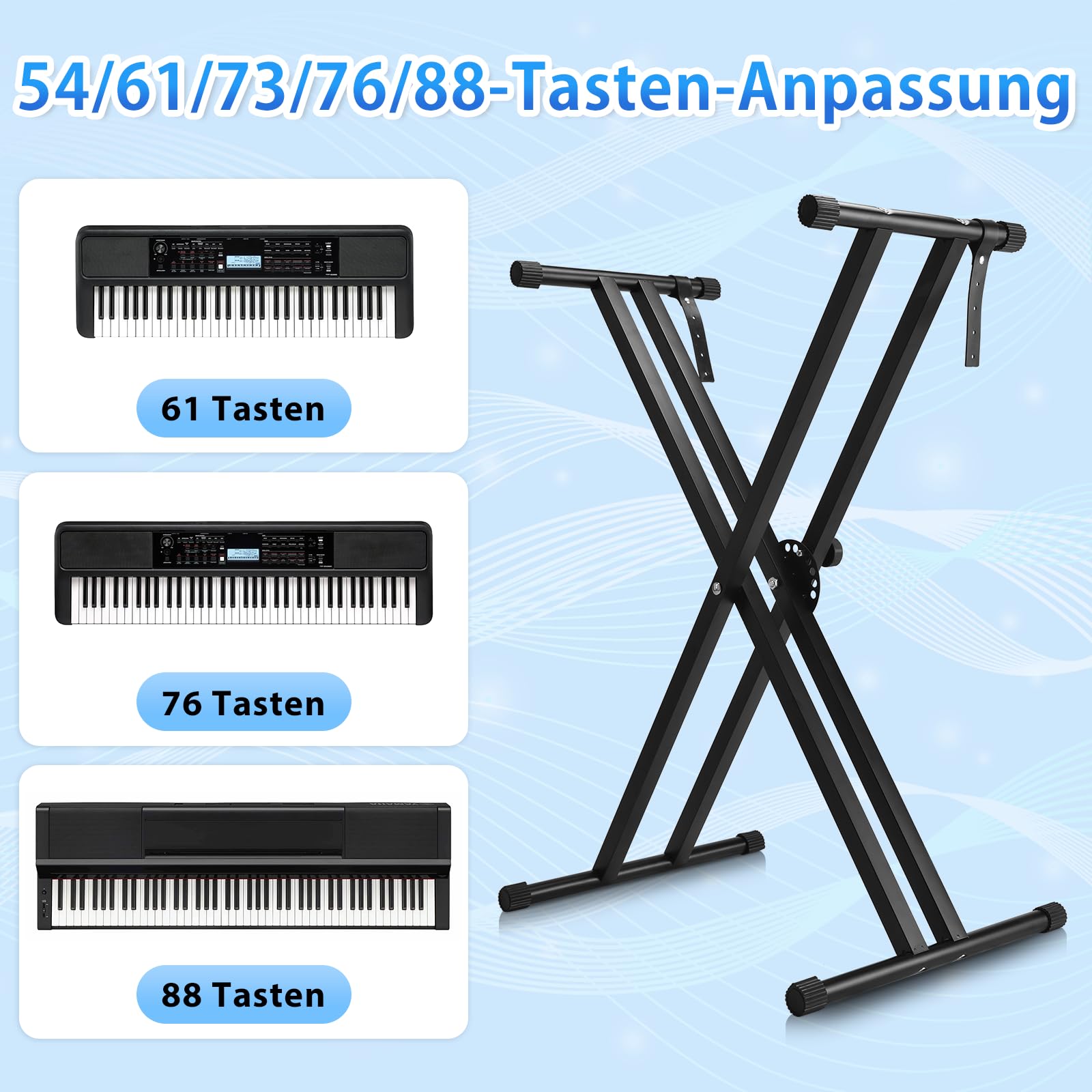 Keyboardständer-Doppelstrebig Keyboard Ständer mit Sicherheitslaschen, höhenverstellbar in 7 Stufen von 25-93cm, X-Form piano stand faltbar und abnehmbar, kann für 54/88 Tasten E-Piano, Kinderklavier