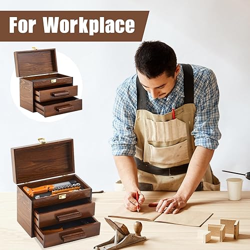 Miniatura 3 de Weysat Mini caja de herramientas de madera de 11 pulgadas con 2 cajones y almacenamiento superior, baúl de herramientas pequeño portátil con forro