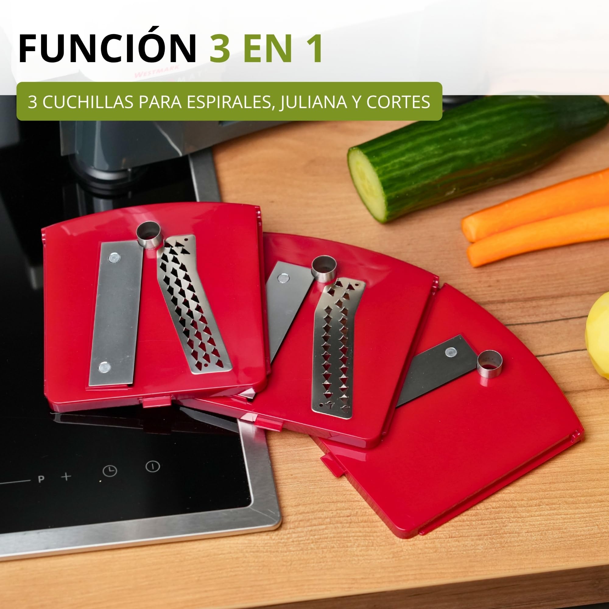 Westmark Cortador en espiral para fideos de verdura, zoodles y espirales de fruta, Con 3 insertos de corte, Cuchillas afiladas de acero inoxidable, Spiromat, Antracita/blanco/rojo, 11332260