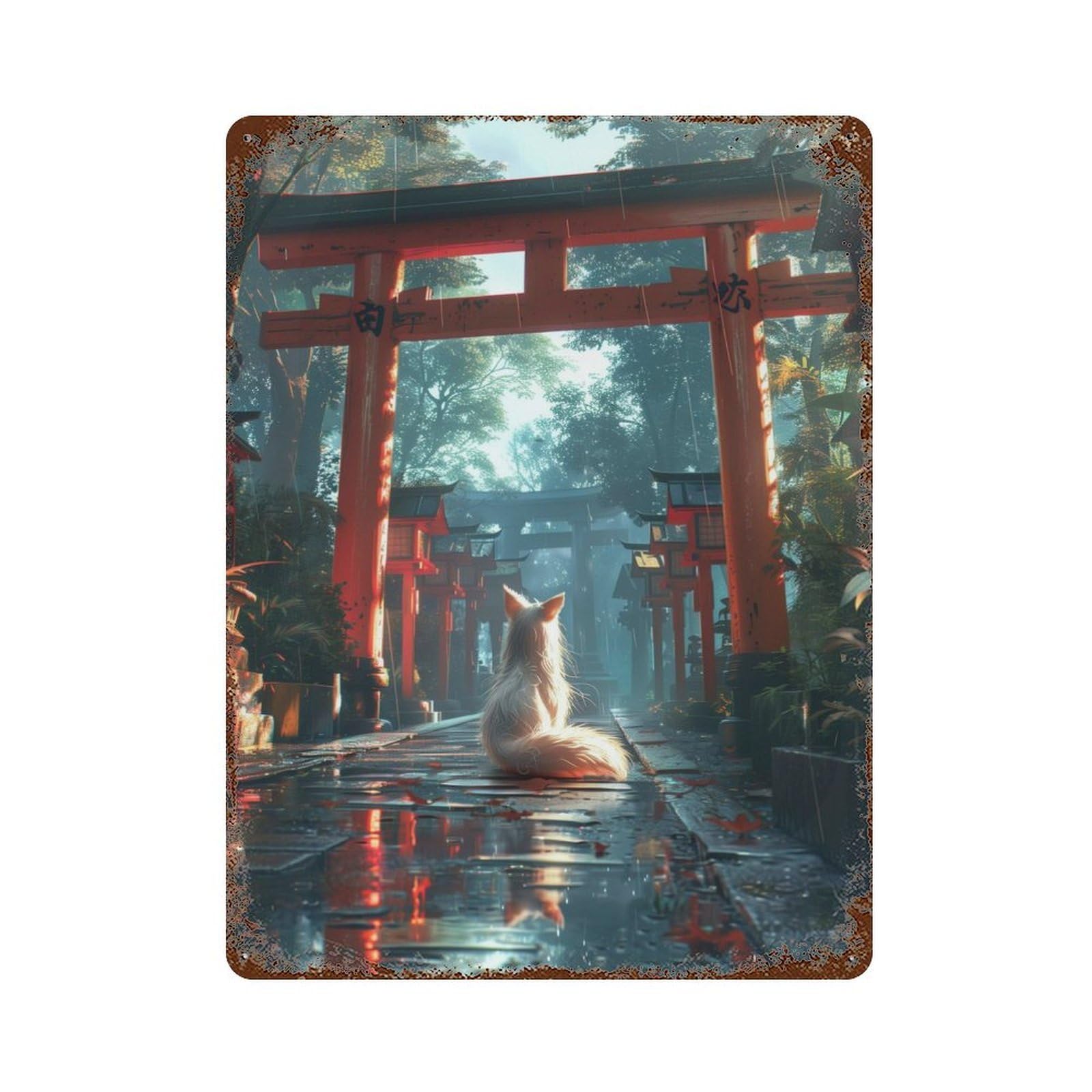 Mystic Kitsune Fox Torii Distressed Metal Wall Sign 15.7"x11.8", Ideal for Cafe, Home Bar And Lounge Decor