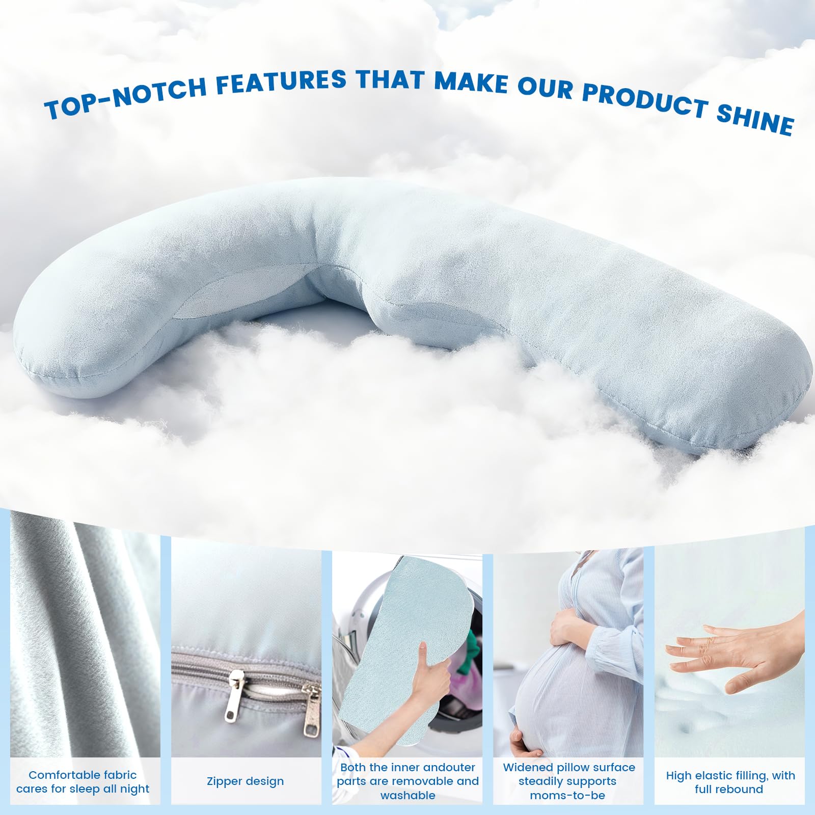 Almohada para dormir de lado, almohada de embarazo con funda lavable, almohada corporal ergonómica para cama en forma de J, almohada de cuerpo completo para aliviar la espalda, estómago y piernas