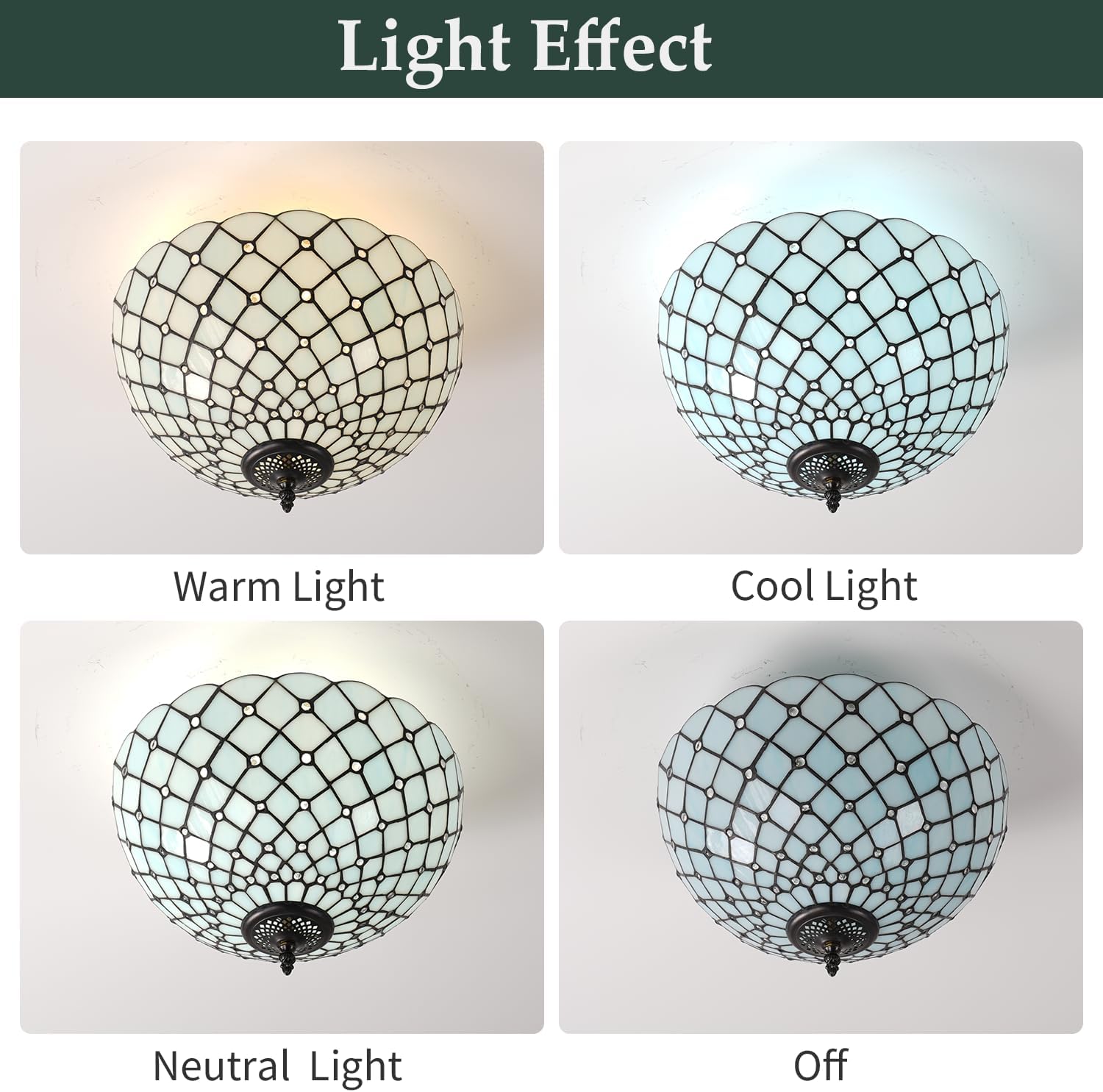 Skyblaze Tiffany Style Ceiling Light Stained Glass Semi Flush Mount Ceiling Light Fixture Beads Pattern Close to Ceiling Light Vintage Light Blue Ceiling Lighting for Foyer Hallway Bedroom (15.7 Inch)